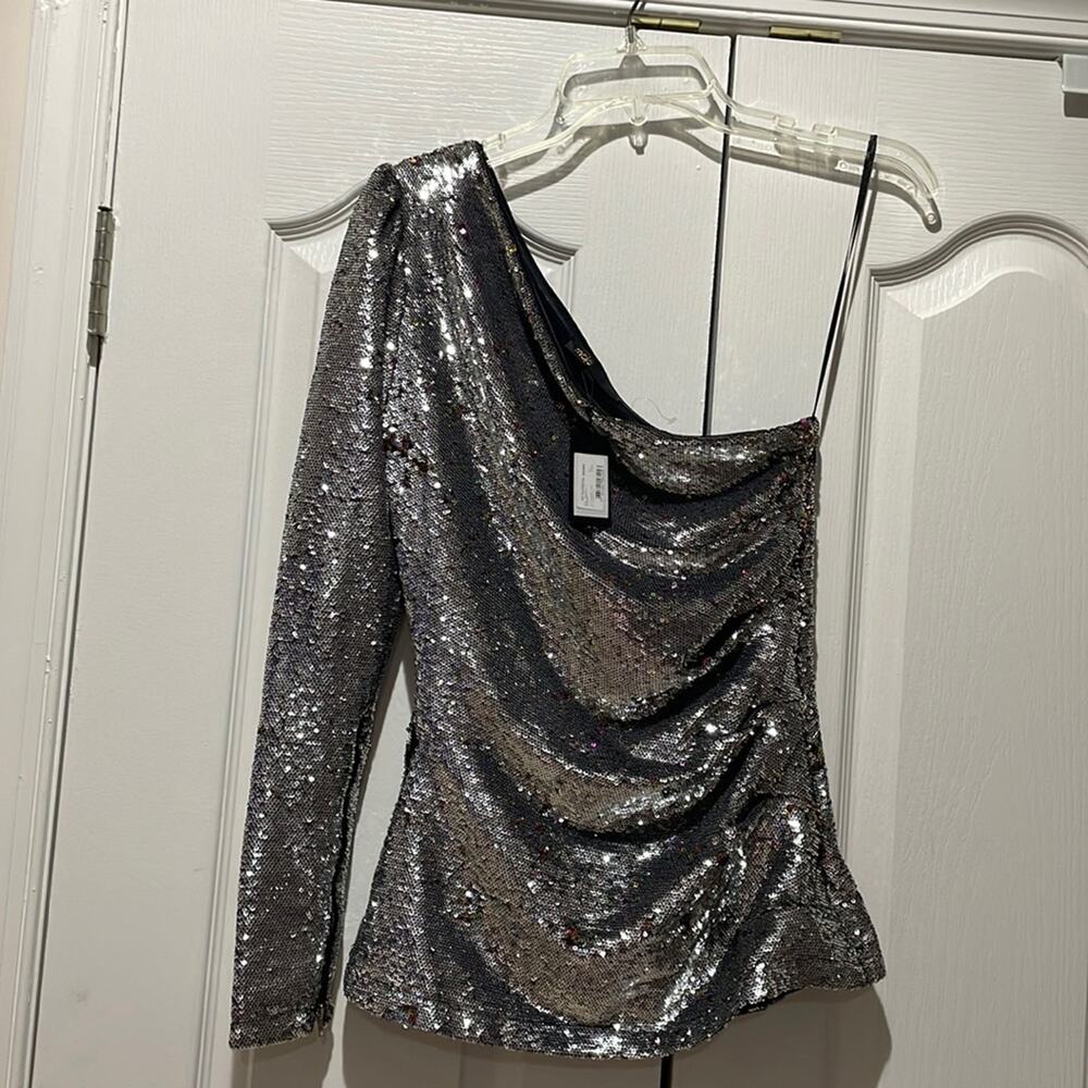 Maje 1 xs loinita one shoulder sequined mesh top iridescent silver sequins nwt